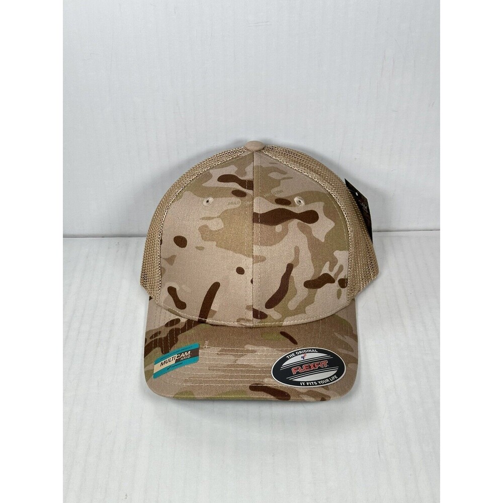 Flexfit 6511 Trucker Mesh Baseball Cap Hat Curved Visor Tan Brown Camo NEW